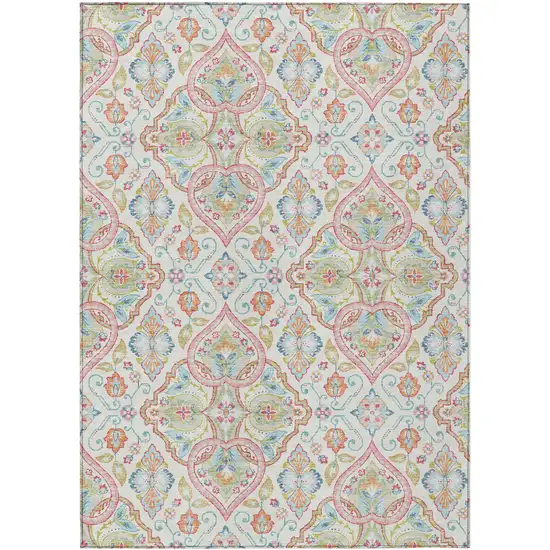 Ivory Pink And Artichoke Green Ogee Washable Indoor Outdoor Area Rug Photo 1