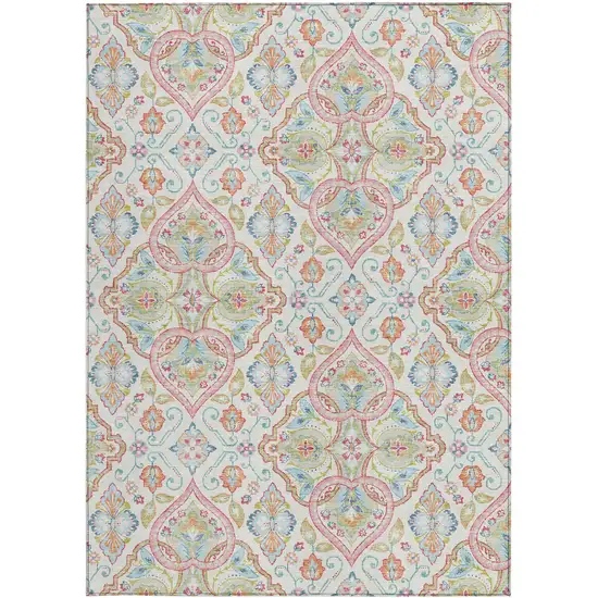 Ivory Pink And Artichoke Green Ogee Washable Indoor Outdoor Area Rug Photo 3