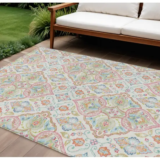 Ivory Pink And Artichoke Green Ogee Washable Indoor Outdoor Area Rug Photo 2