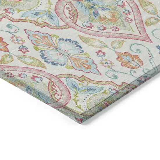 Ivory Pink And Artichoke Green Ogee Washable Indoor Outdoor Area Rug Photo 4