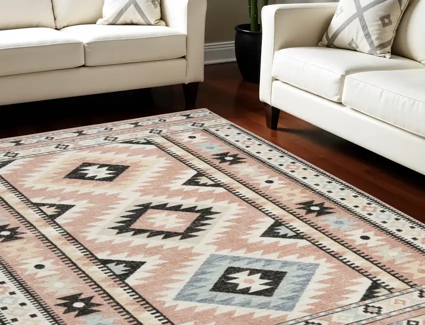 Ivory Pink And Black Geometric Flatweave Area Rug Photo 1
