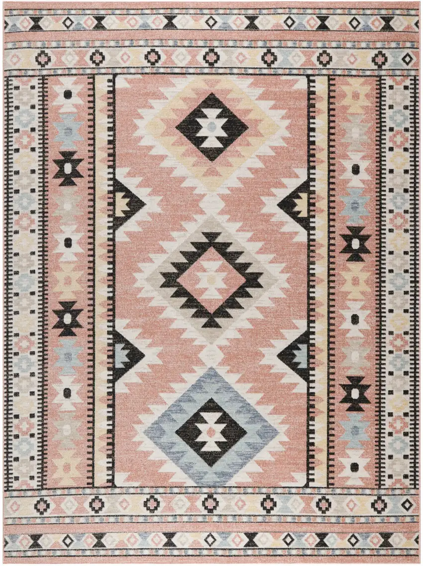 Ivory Pink And Black Geometric Flatweave Area Rug Photo 5