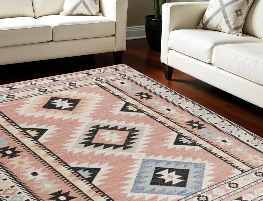 Ivory Pink And Black Geometric Flatweave Area Rug Photo 1