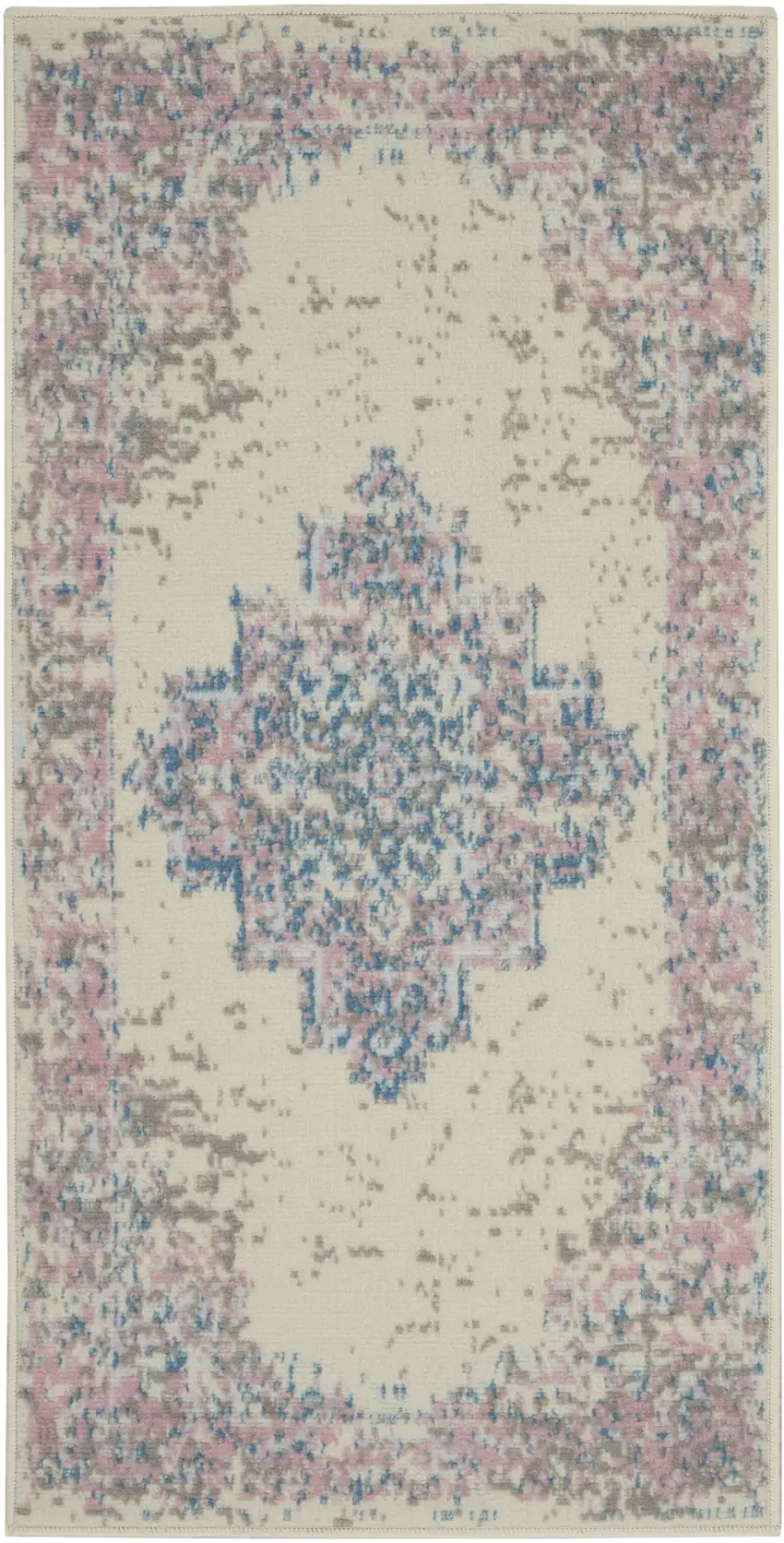 Ivory Pink And Blue Medallion Distressed Area Rug Photo 2