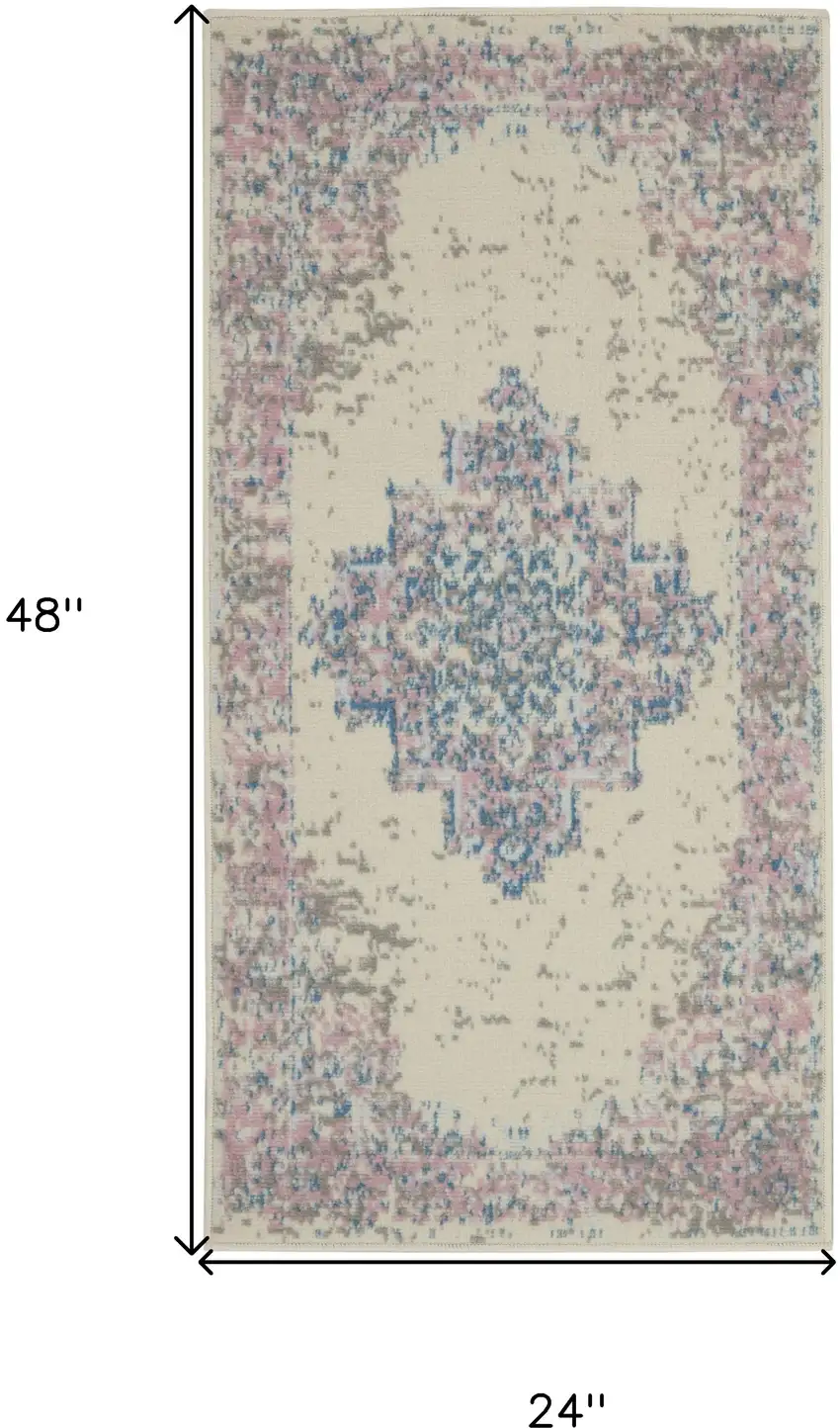 Ivory Pink And Blue Medallion Distressed Area Rug Photo 3