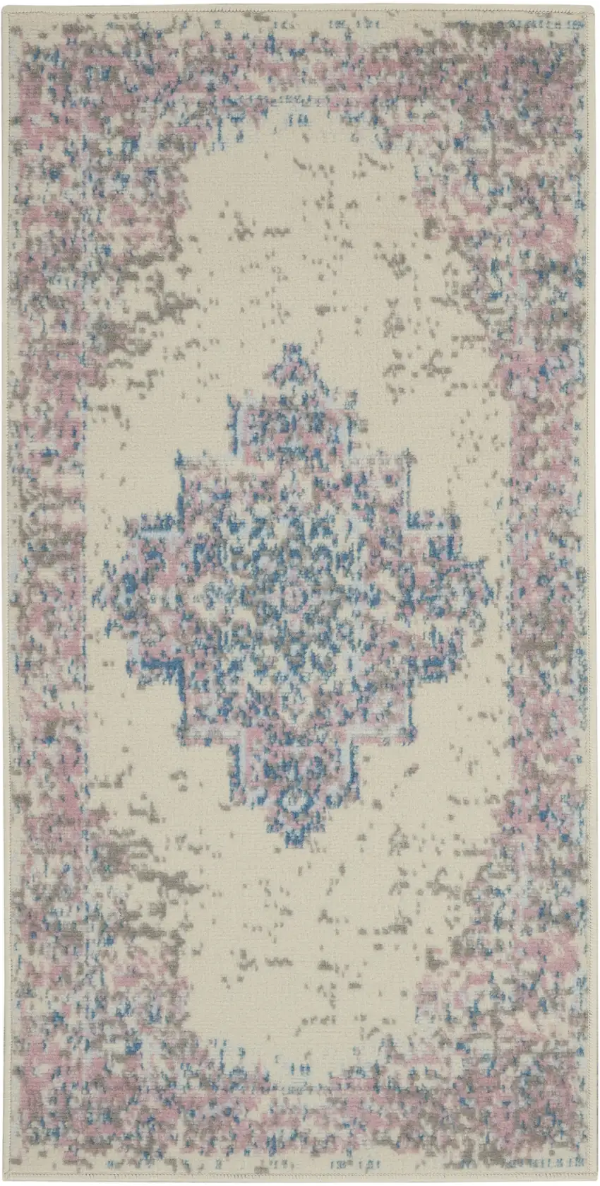Ivory Pink And Blue Medallion Distressed Area Rug Photo 2