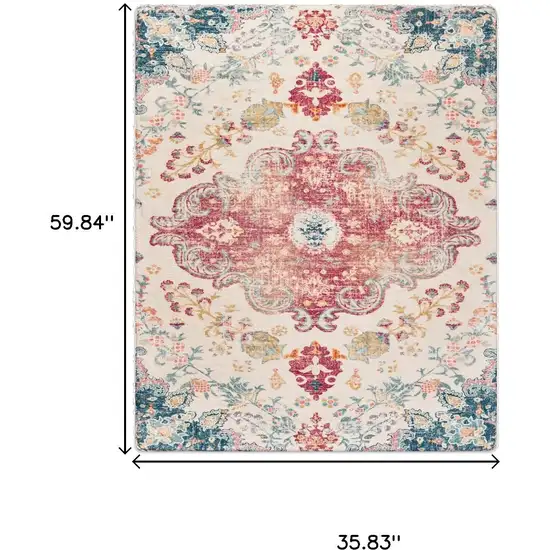 Ivory Pink And Blue Medallion Distressed Washable Area Rug Photo 7