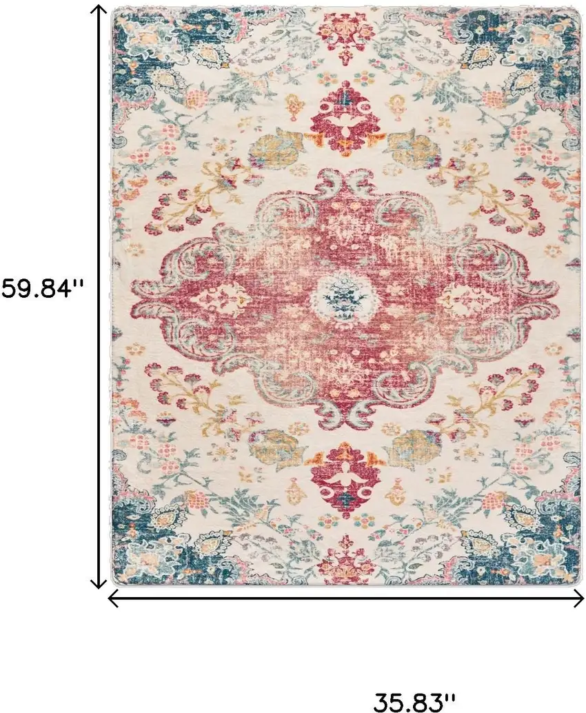 Ivory Pink And Blue Medallion Distressed Washable Area Rug Photo 7