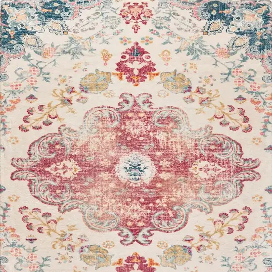 Ivory Pink And Blue Medallion Distressed Washable Area Rug Photo 4
