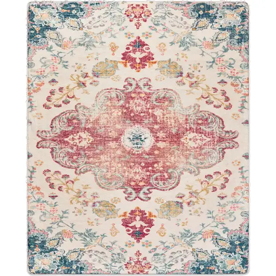 Ivory Pink And Blue Medallion Distressed Washable Area Rug Photo 2