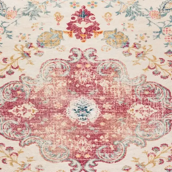 Ivory Pink And Blue Medallion Distressed Washable Area Rug Photo 8