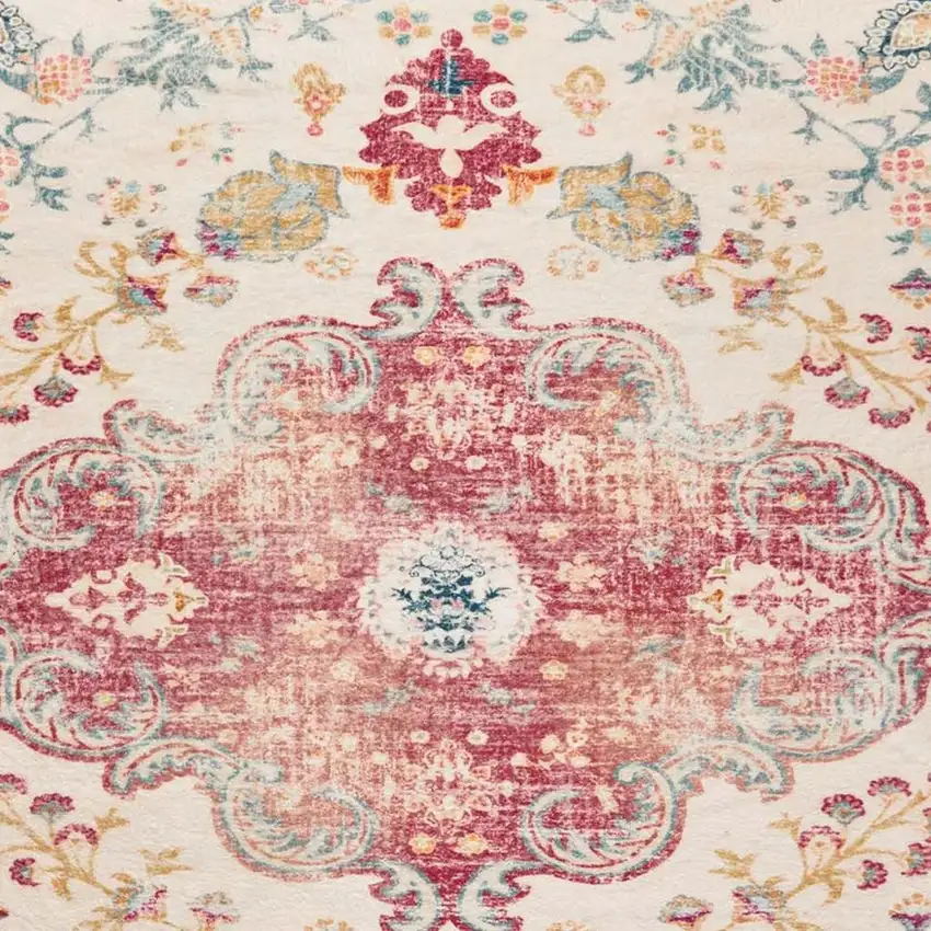 Ivory Pink And Blue Medallion Distressed Washable Area Rug Photo 8