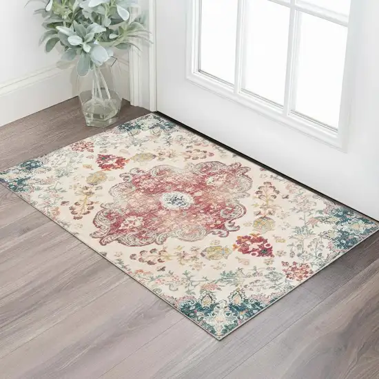 Ivory Pink And Blue Medallion Distressed Washable Area Rug Photo 1