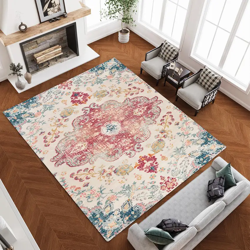 Ivory Pink And Blue Medallion Distressed Washable Area Rug Photo 5