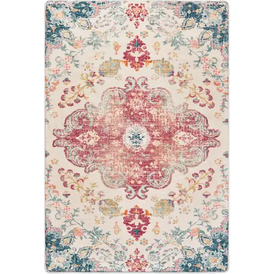 Ivory Pink And Blue Medallion Distressed Washable Area Rug Photo 2