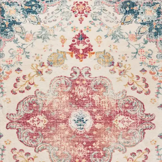 Ivory Pink And Blue Medallion Distressed Washable Area Rug Photo 4