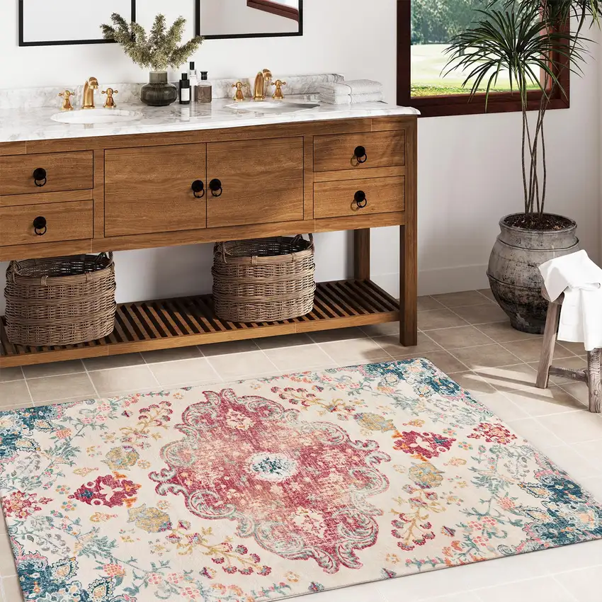 Ivory Pink And Blue Medallion Distressed Washable Area Rug Photo 6