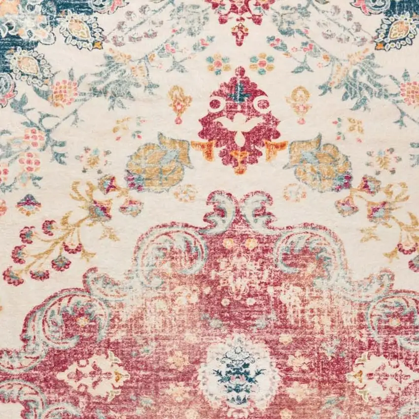 Ivory Pink And Blue Medallion Distressed Washable Area Rug Photo 3