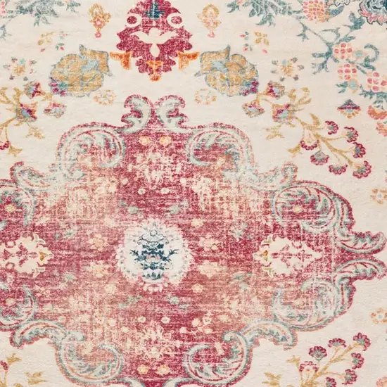 Ivory Pink And Blue Medallion Distressed Washable Area Rug Photo 3
