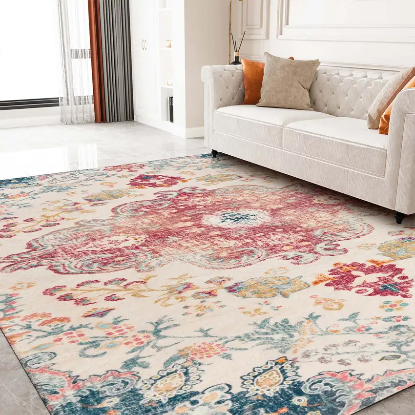 Ivory Pink And Blue Medallion Distressed Washable Area Rug Photo 7