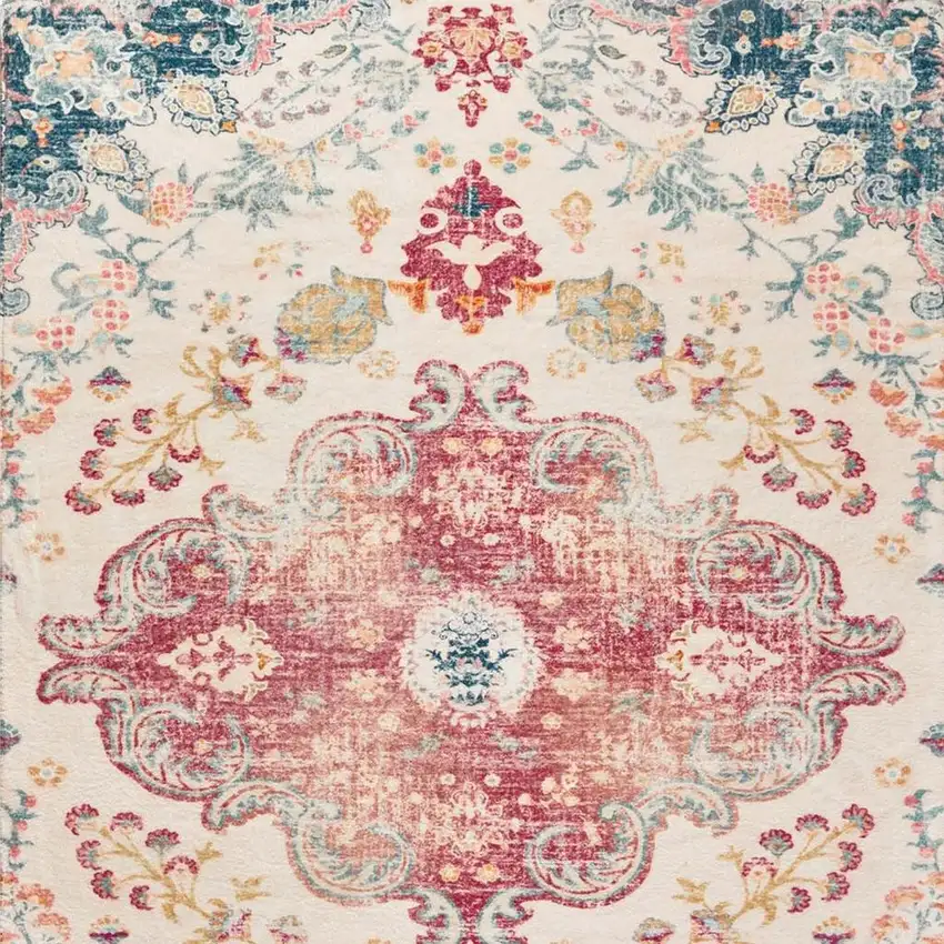 Ivory Pink And Blue Medallion Distressed Washable Area Rug Photo 4
