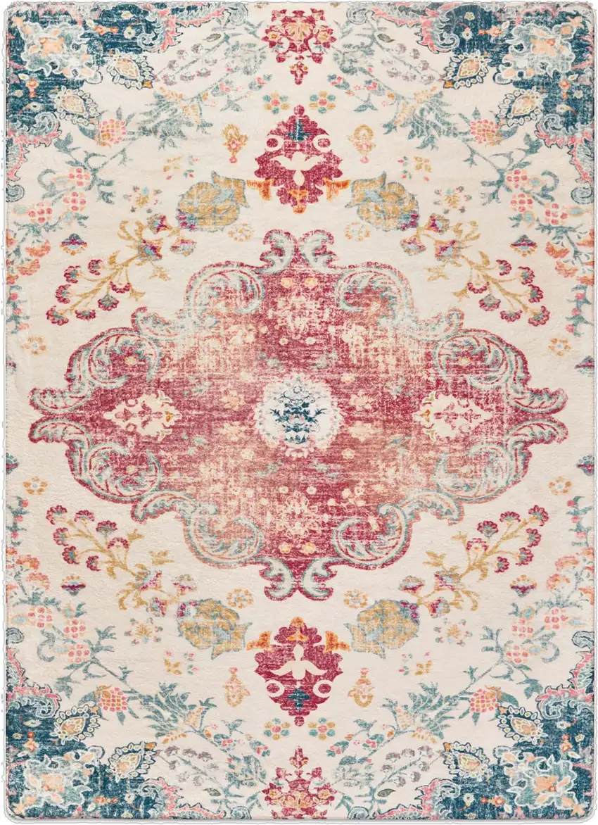 Ivory Pink And Blue Medallion Distressed Washable Area Rug Photo 2
