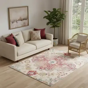 Photo of Ivory Pink And Blue Medallion Distressed Washable Area Rug