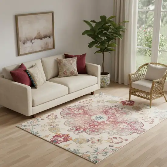 Ivory Pink And Blue Medallion Distressed Washable Area Rug Photo 1