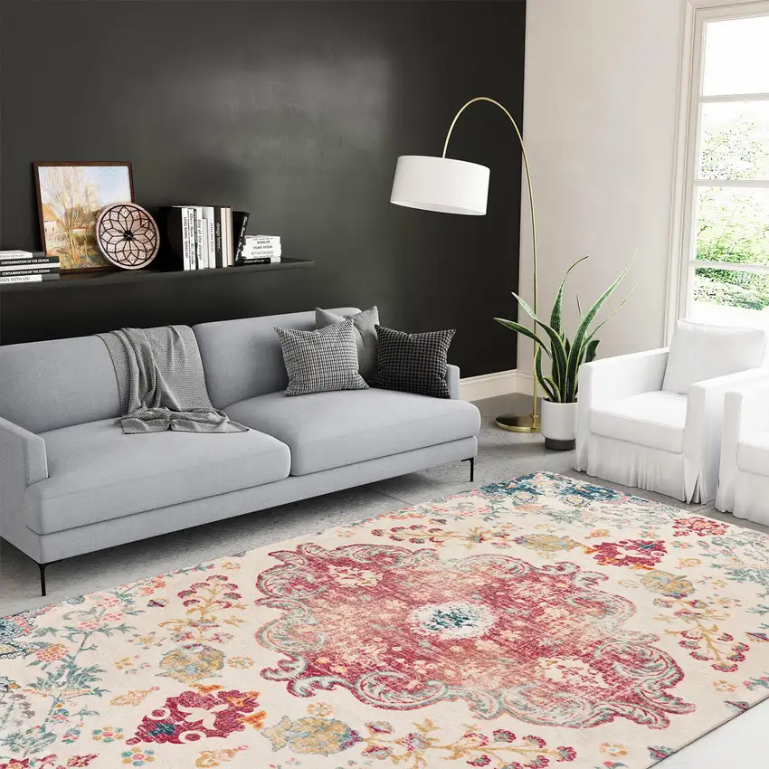 Ivory Pink And Blue Medallion Distressed Washable Area Rug Photo 5