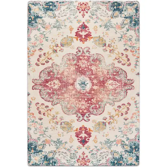 Ivory Pink And Blue Medallion Distressed Washable Area Rug Photo 2