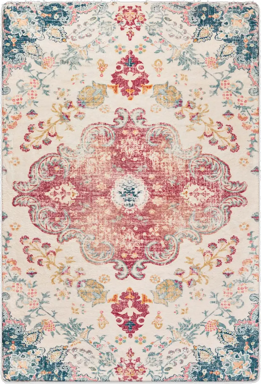 Ivory Pink And Blue Medallion Distressed Washable Area Rug Photo 2