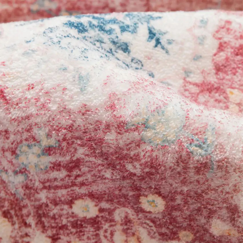 Ivory Pink And Blue Medallion Distressed Washable Area Rug Photo 9