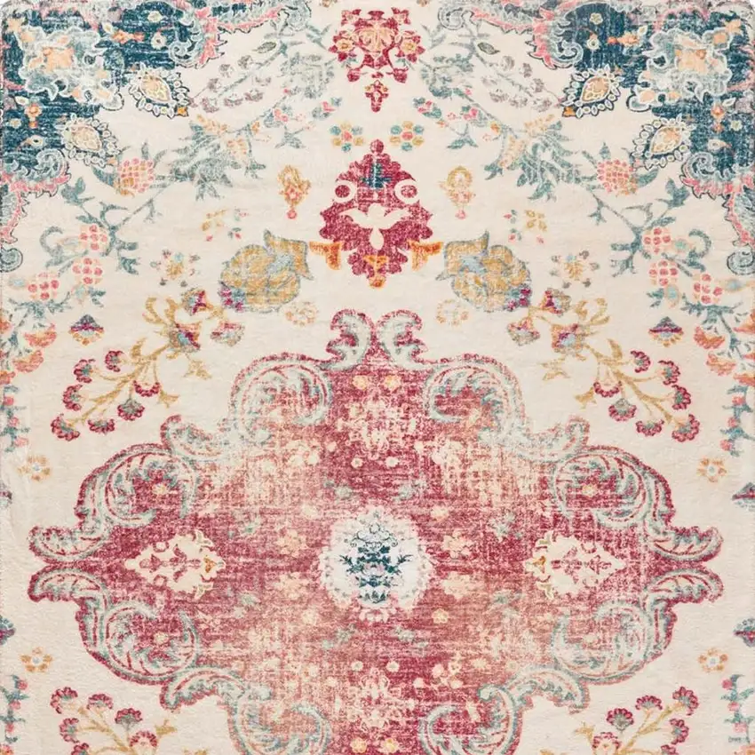 Ivory Pink And Blue Medallion Distressed Washable Area Rug Photo 4