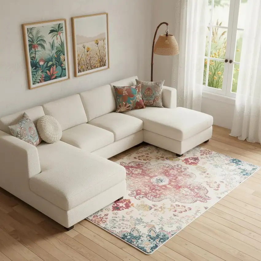 Ivory Pink And Blue Medallion Distressed Washable Area Rug Photo 1