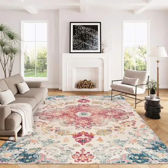 Ivory Pink And Blue Medallion Distressed Washable Area Rug Photo 5