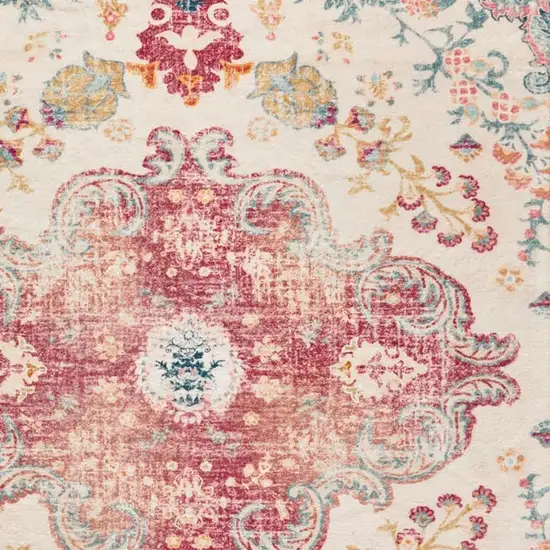 Ivory Pink And Blue Medallion Distressed Washable Area Rug Photo 7