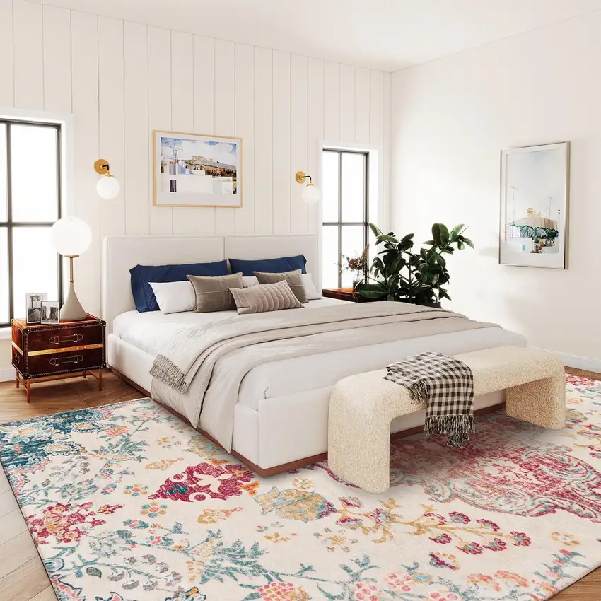 Ivory Pink And Blue Medallion Distressed Washable Area Rug Photo 6