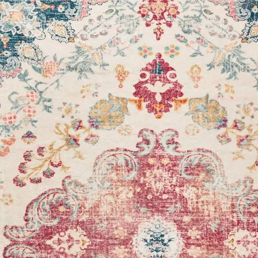 Ivory Pink And Blue Medallion Distressed Washable Area Rug Photo 3