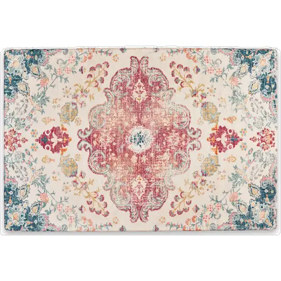 Ivory Pink And Blue Medallion Distressed Washable Area Rug Photo 7