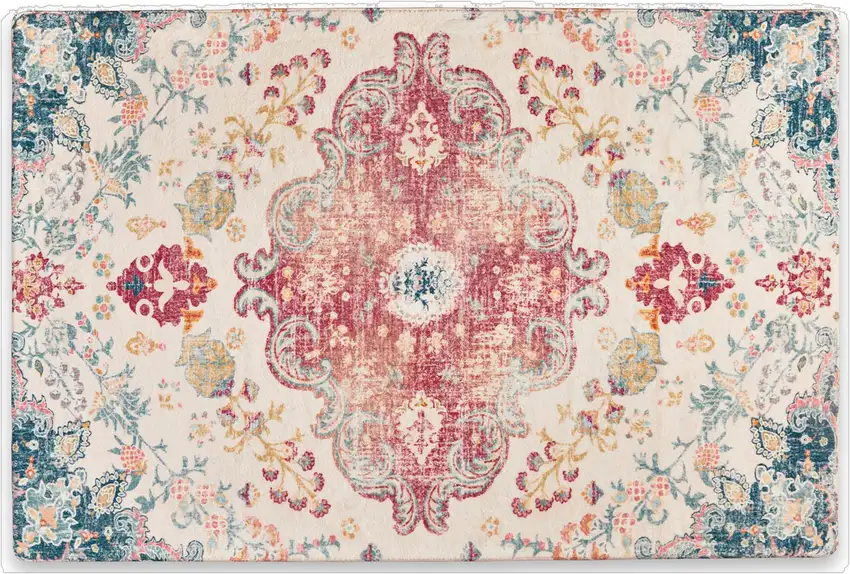 Ivory Pink And Blue Medallion Distressed Washable Area Rug Photo 7