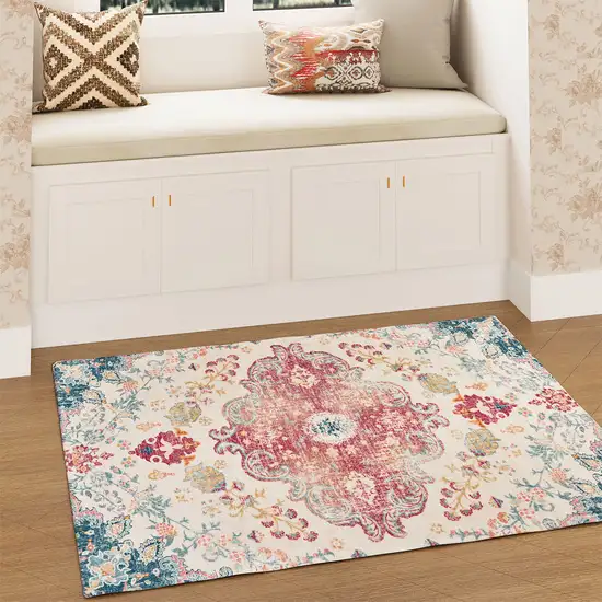 Ivory Pink And Blue Medallion Distressed Washable Area Rug Photo 4