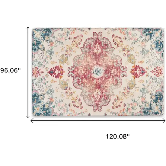 Ivory Pink And Blue Medallion Distressed Washable Area Rug Photo 6