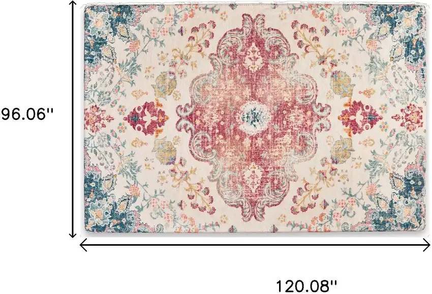 Ivory Pink And Blue Medallion Distressed Washable Area Rug Photo 6