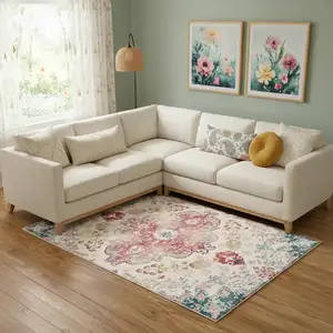 Photo of Ivory Pink And Blue Medallion Distressed Washable Area Rug