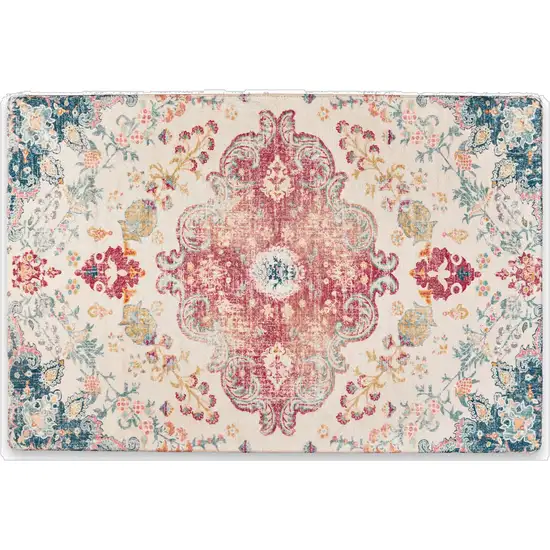 Ivory Pink And Blue Medallion Distressed Washable Area Rug Photo 2