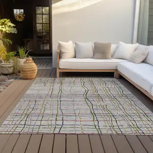 Photo of Ivory Pink And Copper Striped Washable Indoor Outdoor Area Rug