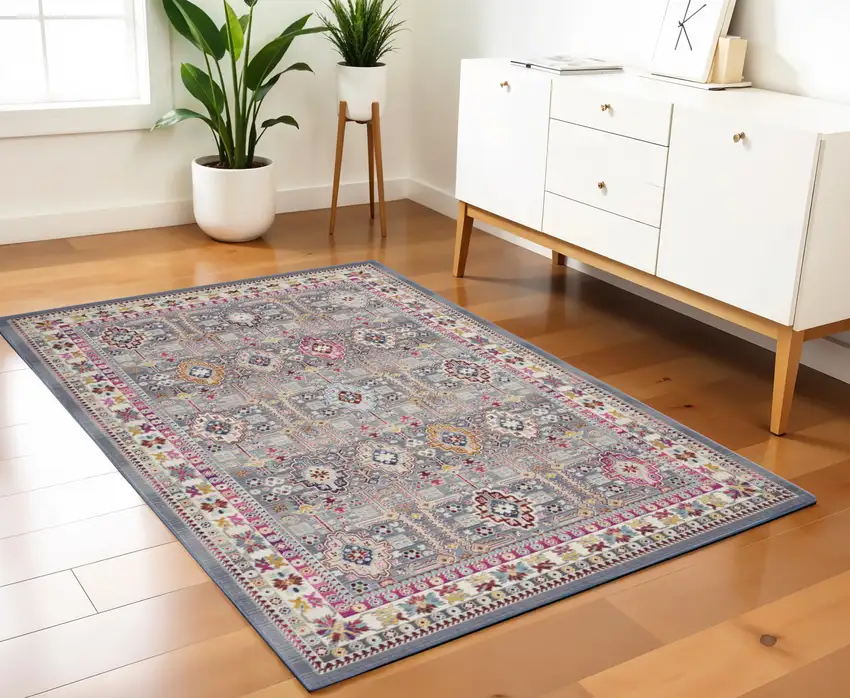 Ivory Pink And Gray Floral Distressed Area Rug Photo 1