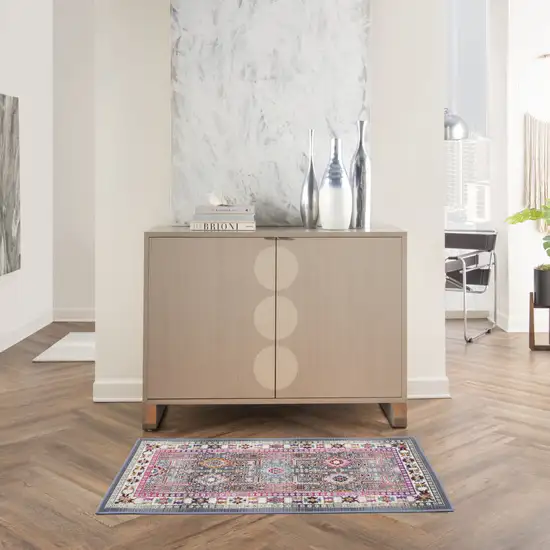 Ivory Pink And Gray Floral Distressed Area Rug Photo 3