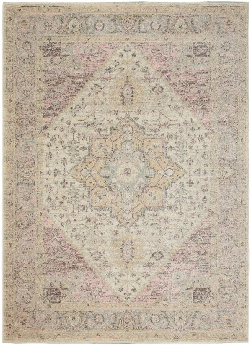 Ivory Pink And Gray Floral Distressed Area Rug Photo 8