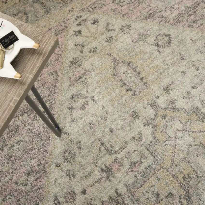 Ivory Pink And Gray Floral Distressed Area Rug Photo 7